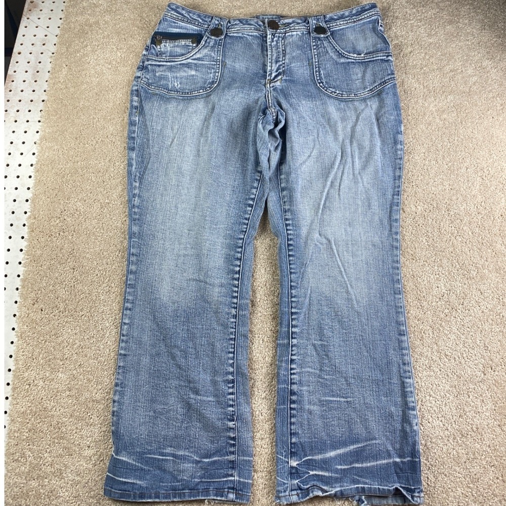 No Boundaries Womens Y2K Wide Leg Jeans Light Wash Patch Pocket Stretch Size 19